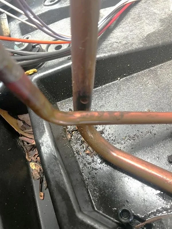 This is where two pipes rubbed together and created a hole in one of the pipes allowing the refrigerant to escape. You can see refrigerant oil on the pan below it