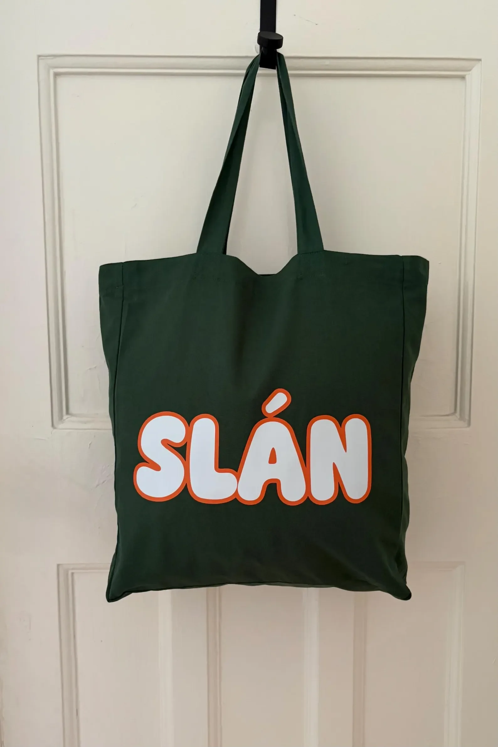 Irish tote bag featuring SLÁN logo in Irish tricolour colours