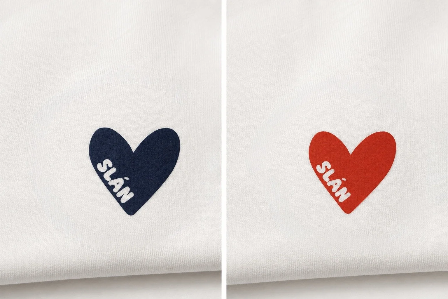 Close-up of Croí heart design on SLÁN Irish language T-shirt