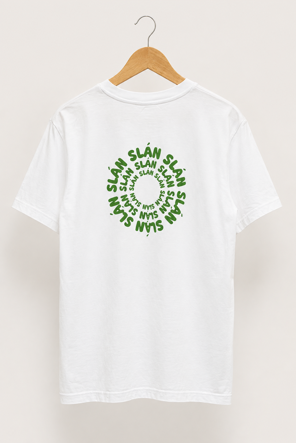 Irish language T-shirt featuring SLÁN logo design inspired by Gaeilge