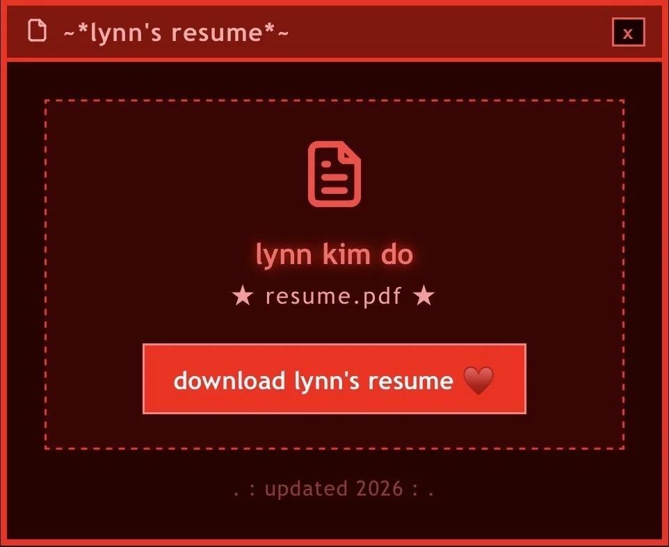 A computer window with a red background displaying a resume for Lynn Kim Do, with options to download the resume, including a red button that says "download lynn's resume" and a heart icon.