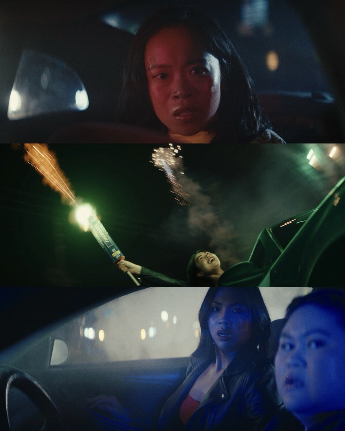 Three women in different scenes inside cars at night, displaying intense emotions. The first woman looks surprised or worried, the second woman is celebrating with fireworks, and the third woman appears shocked or attentive.