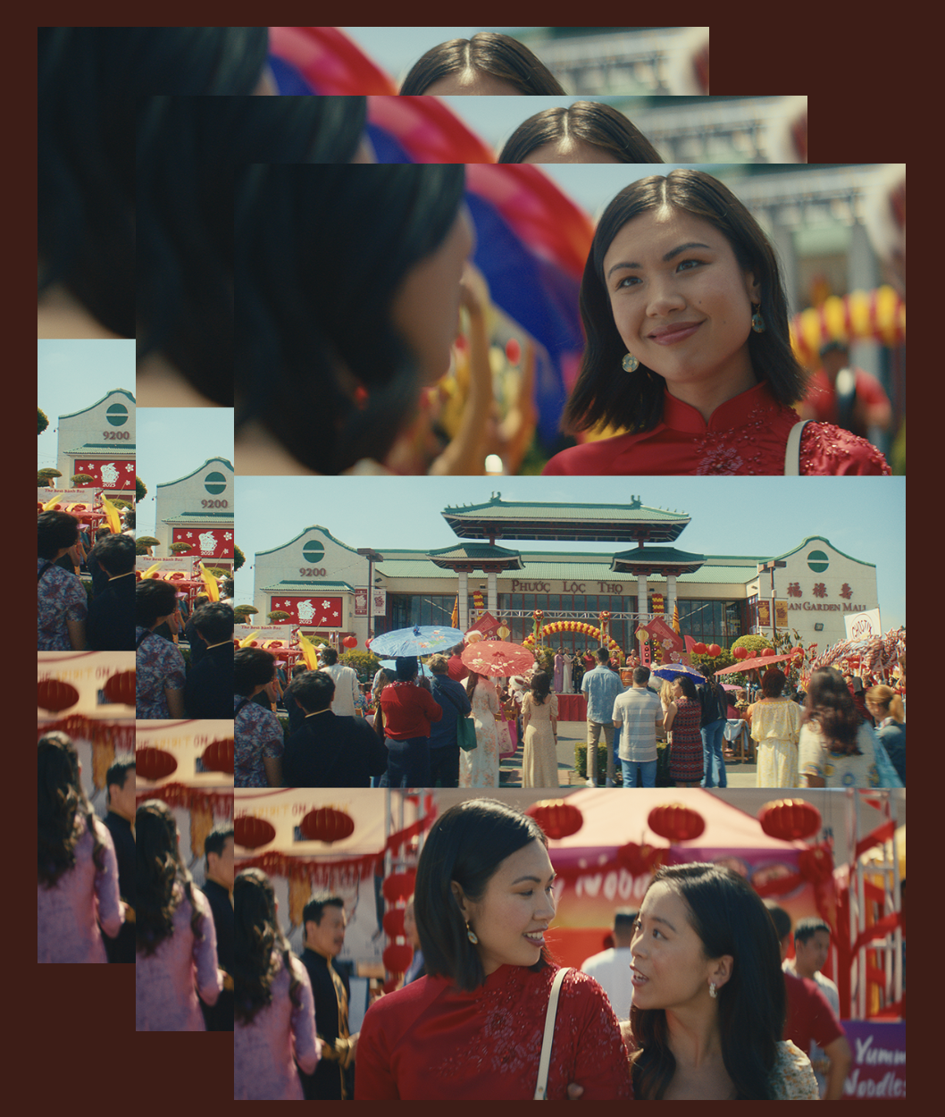 A collage of scenes from a festival or celebration, including women in traditional dress, a crowd with umbrellas, and decorated buildings with Chinese lanterns.