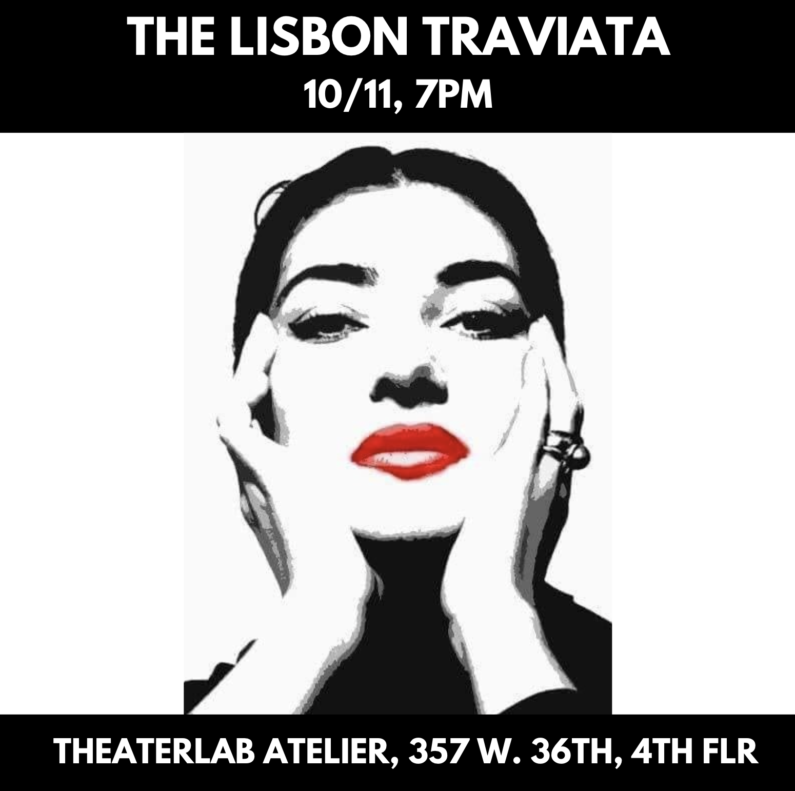 Promotional poster for the play "The Lisbon Traviata," showing an illustrated woman with dark hair, bold red lipstick, and a confident expression, with event details at the top and bottom.
