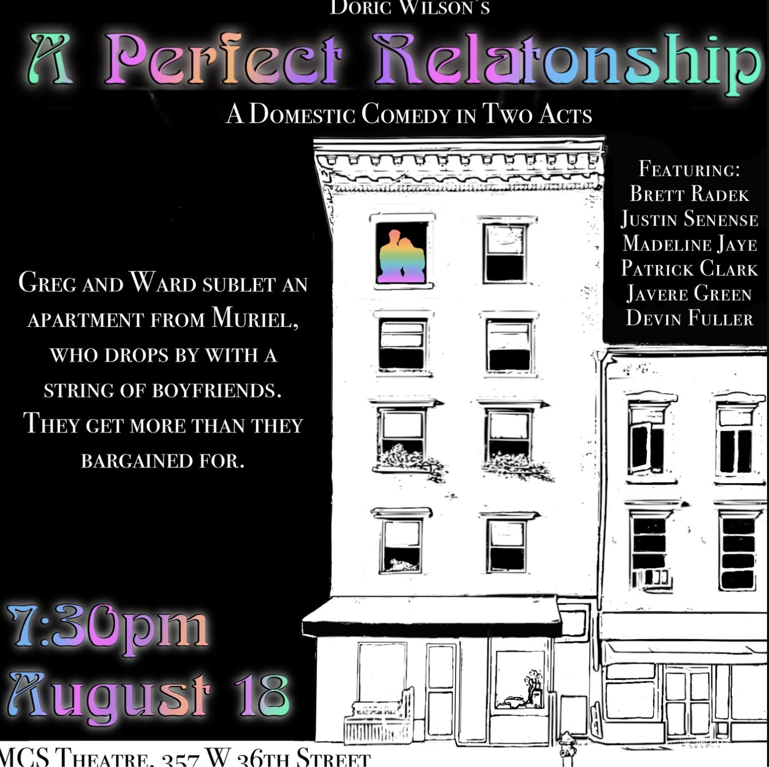 Event poster for a comedy show titled 'A Perfect Relationship' at MCS Theatre on August 18 at 7:30 pm. The poster features a stylized black and white drawing of an apartment building with colored highlights, including one window with a rainbow rainbo