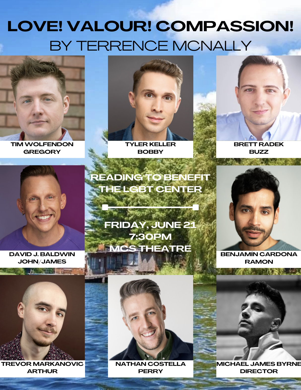 Poster for a benefit reading event supporting the LGBT Center, featuring photos and names of six men with the title "Love! Valour! Compassion!" by Terrence McNally. Event details: Friday, June 21 at 7:30 PM at MCS Theatre.