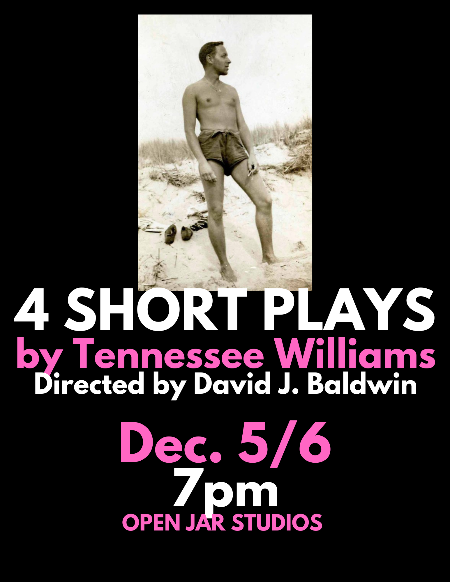 A vintage black and white photograph of a shirtless man standing on a sandy beach, looking to the side, with a pair of shoes on the sand nearby. The image is part of a promotional poster for a short film festival.
