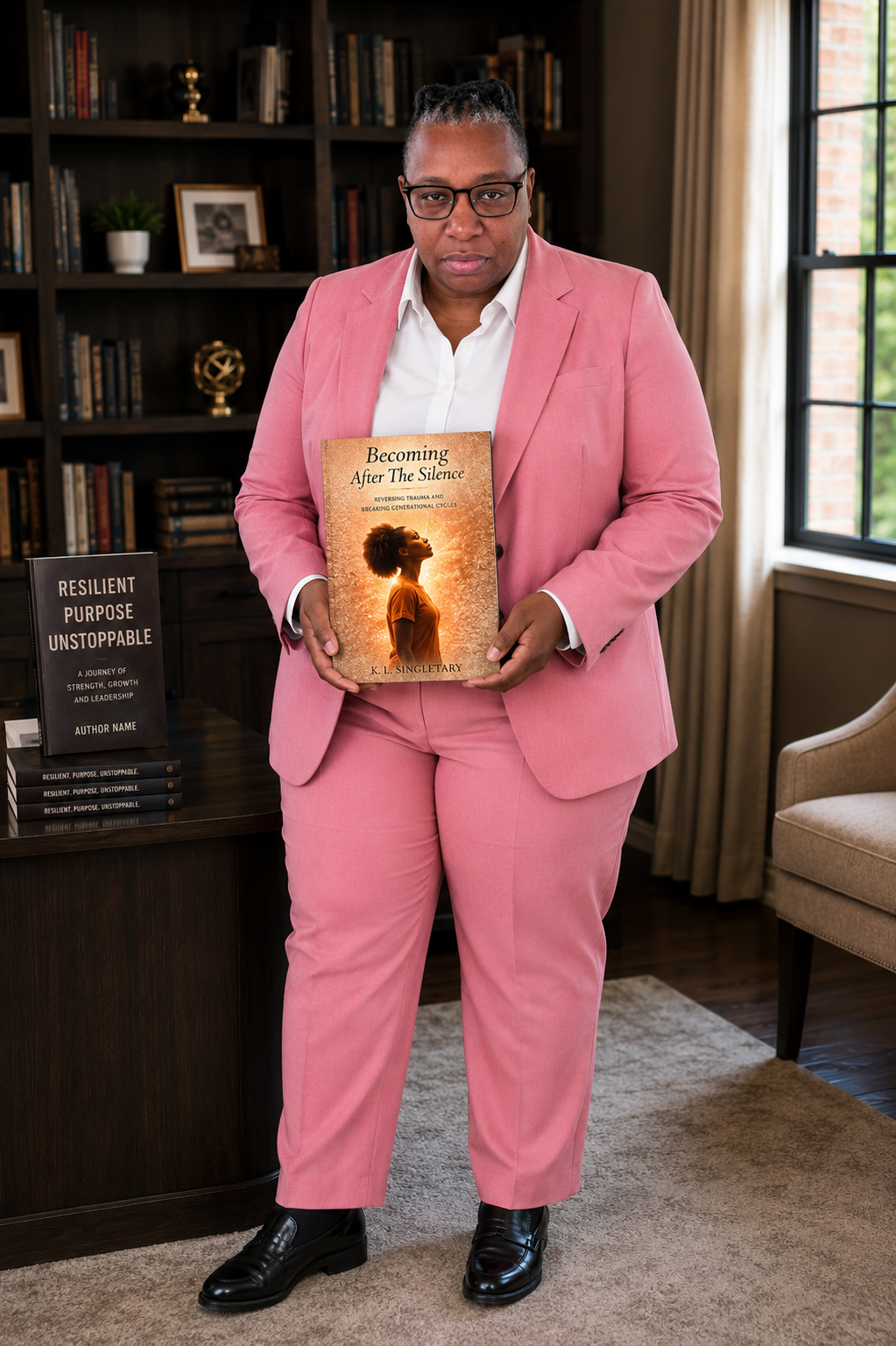 Woman in pink suit holding a book titled "Becoming After The Silence" in a room with bookshelves and a window.