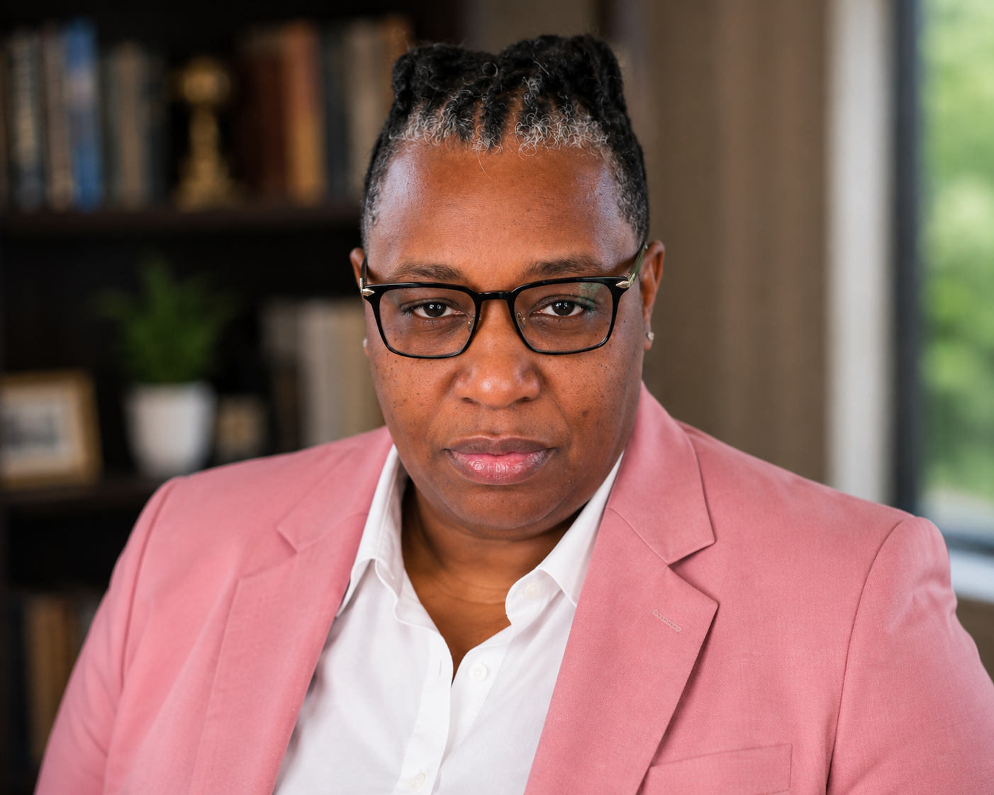 A woman with glasses and short black hair with gray highlights, wearing a pink blazer and white shirt, sitting indoors near a window with a bookcase behind her.