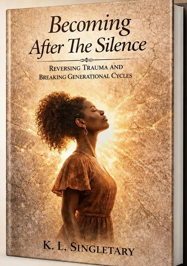 Book cover titled "Becoming After The Silence" by K. L. Singletary, featuring a profile of a woman with curly hair standing against a textured warm-toned background.