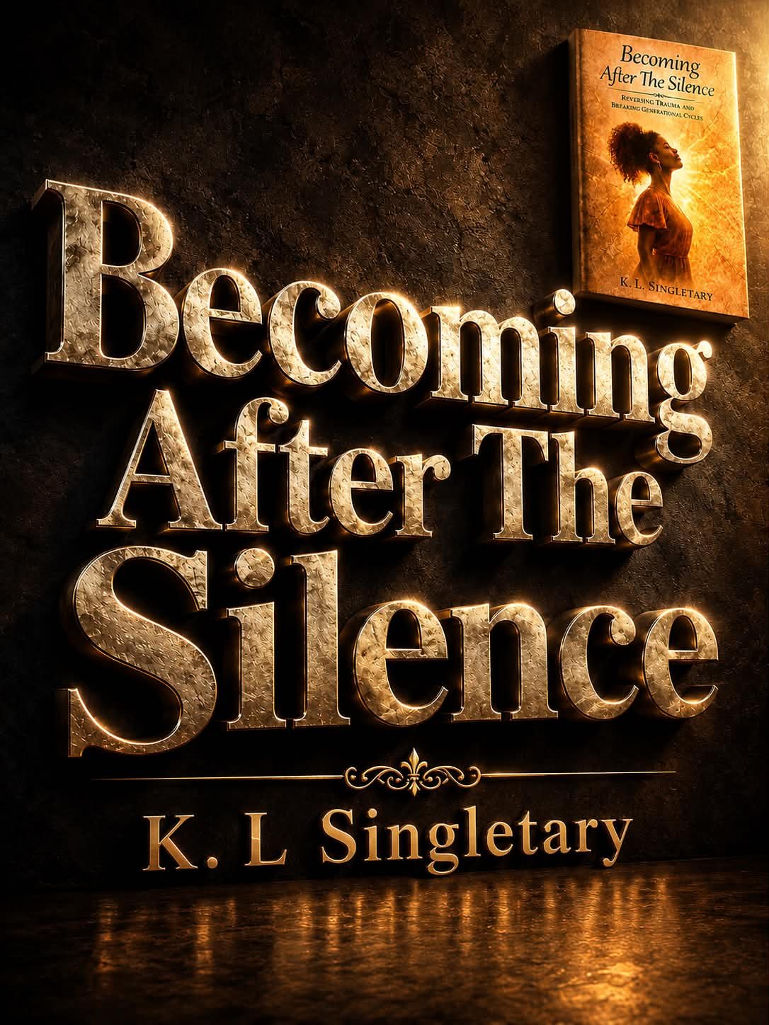 A book titled 'Becoming After The Silence' by K. L. Singletary on a dark textured background. Beside it, large illuminated lettering spells out 'Becoming After The Silence' on the wall.