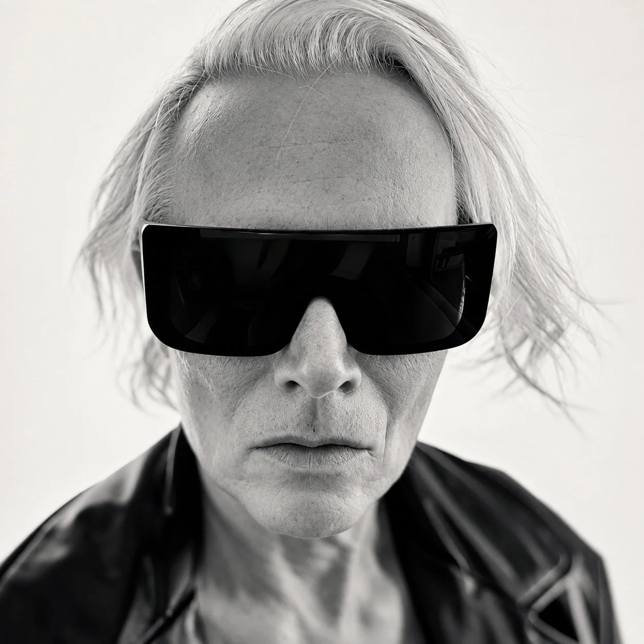 Black and white portrait of a person with light-colored hair wearing large black sunglasses and a leather jacket.