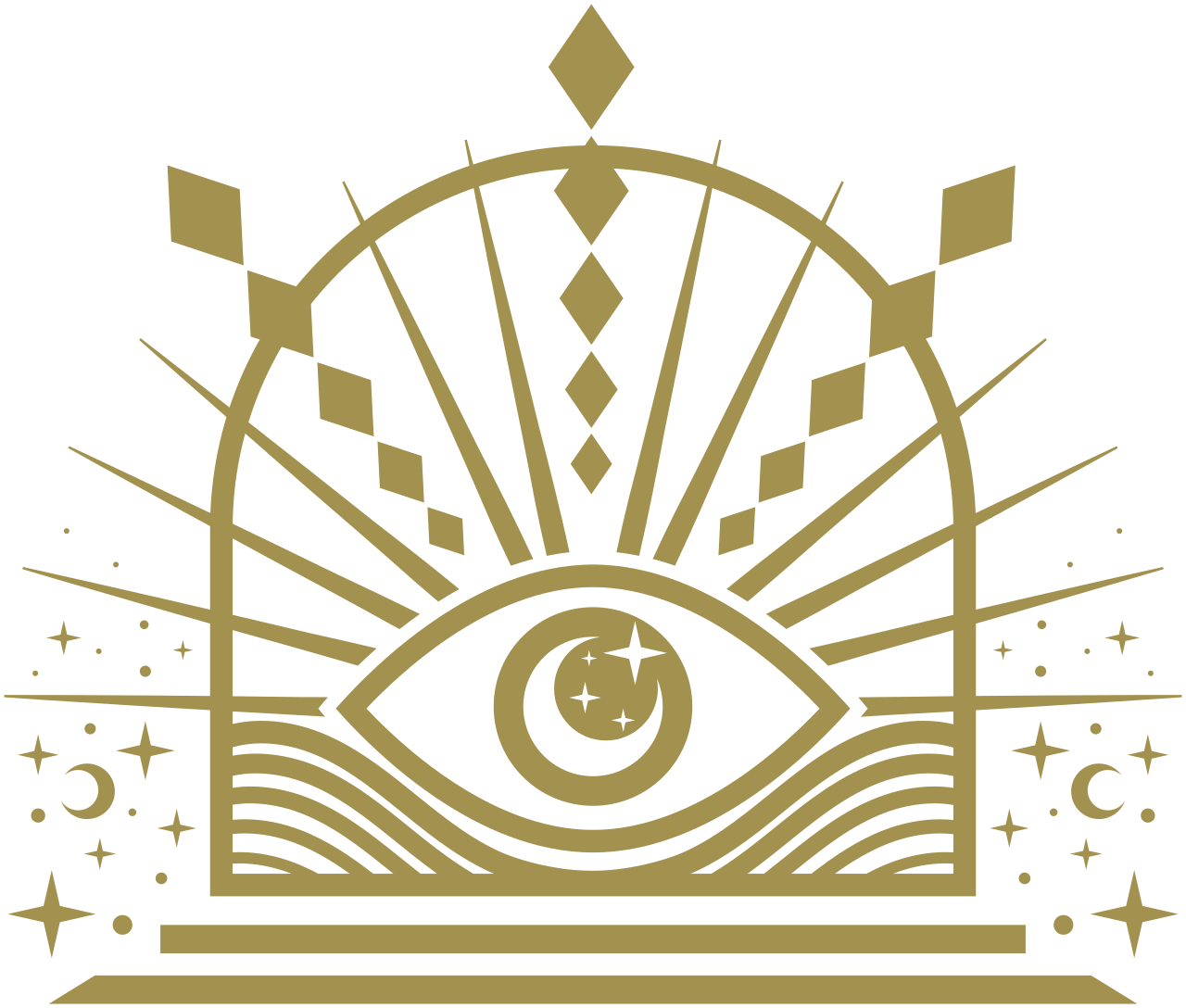 A gold-colored geometric design featuring an eye with a crescent moon and stars inside it, surrounded by radiating lines, diamonds, and star shapes, set against a black background.