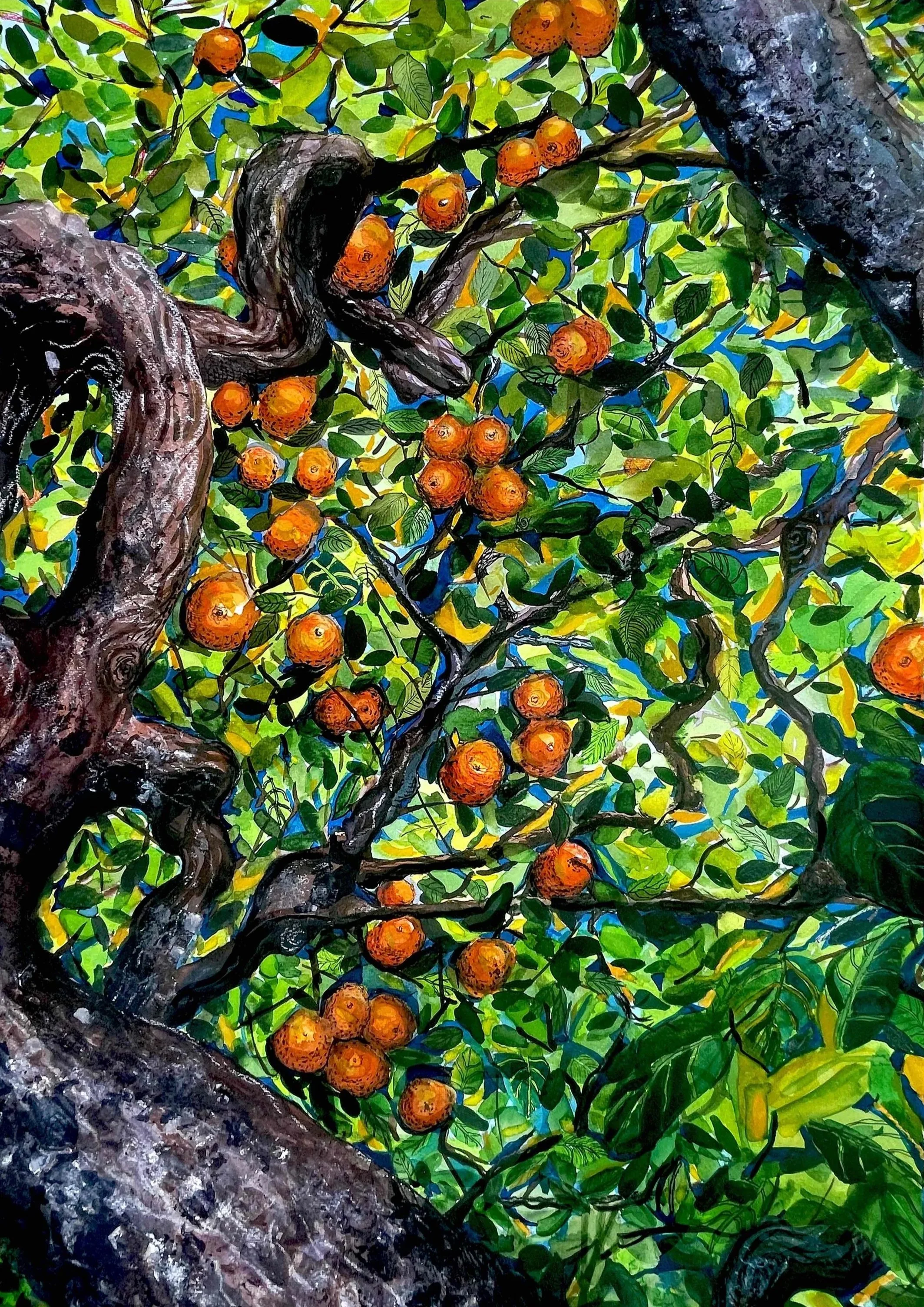 Brightly colored painting of orange fruits hanging from a tree with green leaves and dark bark, titled 'Les Oranges'.