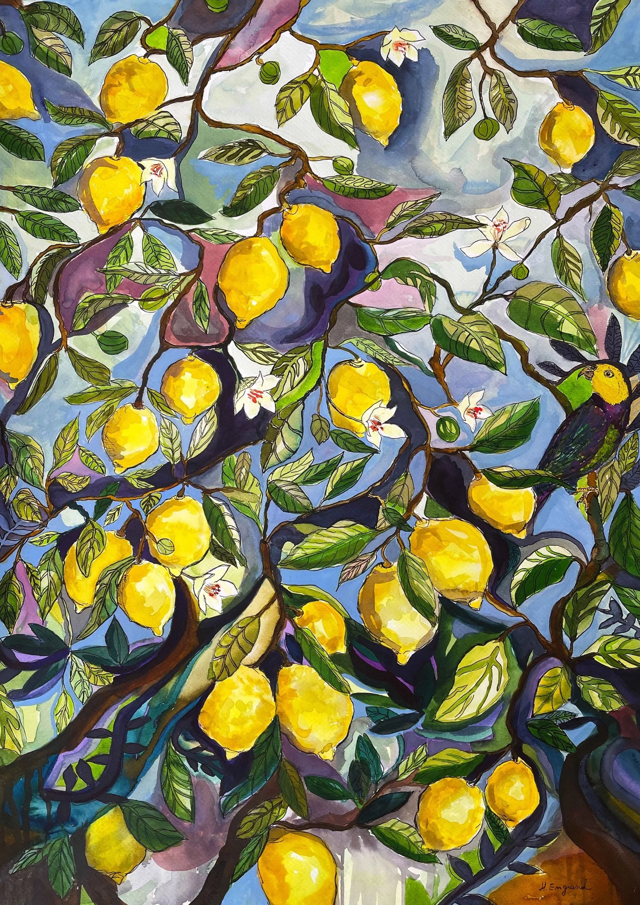 A colorful watercolor painting of lemon tree branches with bright yellow lemons, green leaves, and white blossoms. The background features shades of blue, purple, and green, creating a vibrant scene.