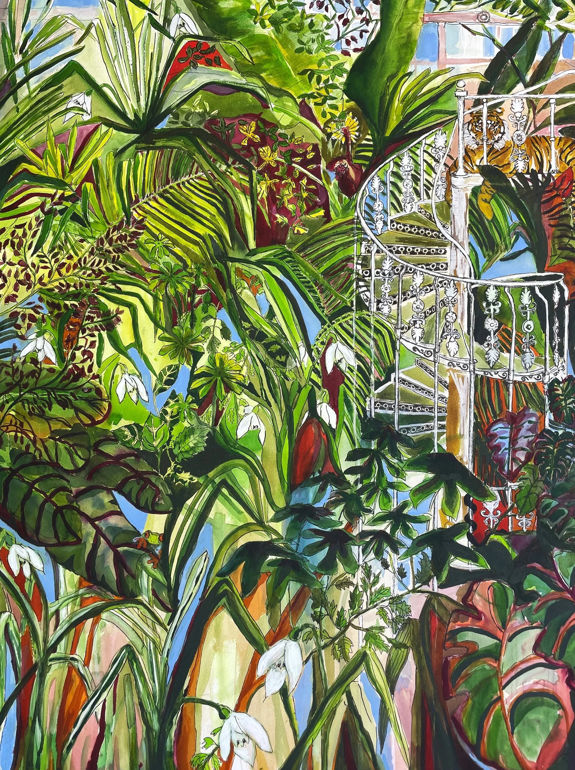 A colorful painting of lush green jungle foliage with various plants, flowers, and a staircase with an ornate white railing, with a tiger lying on the stairs surrounded by the dense jungle.