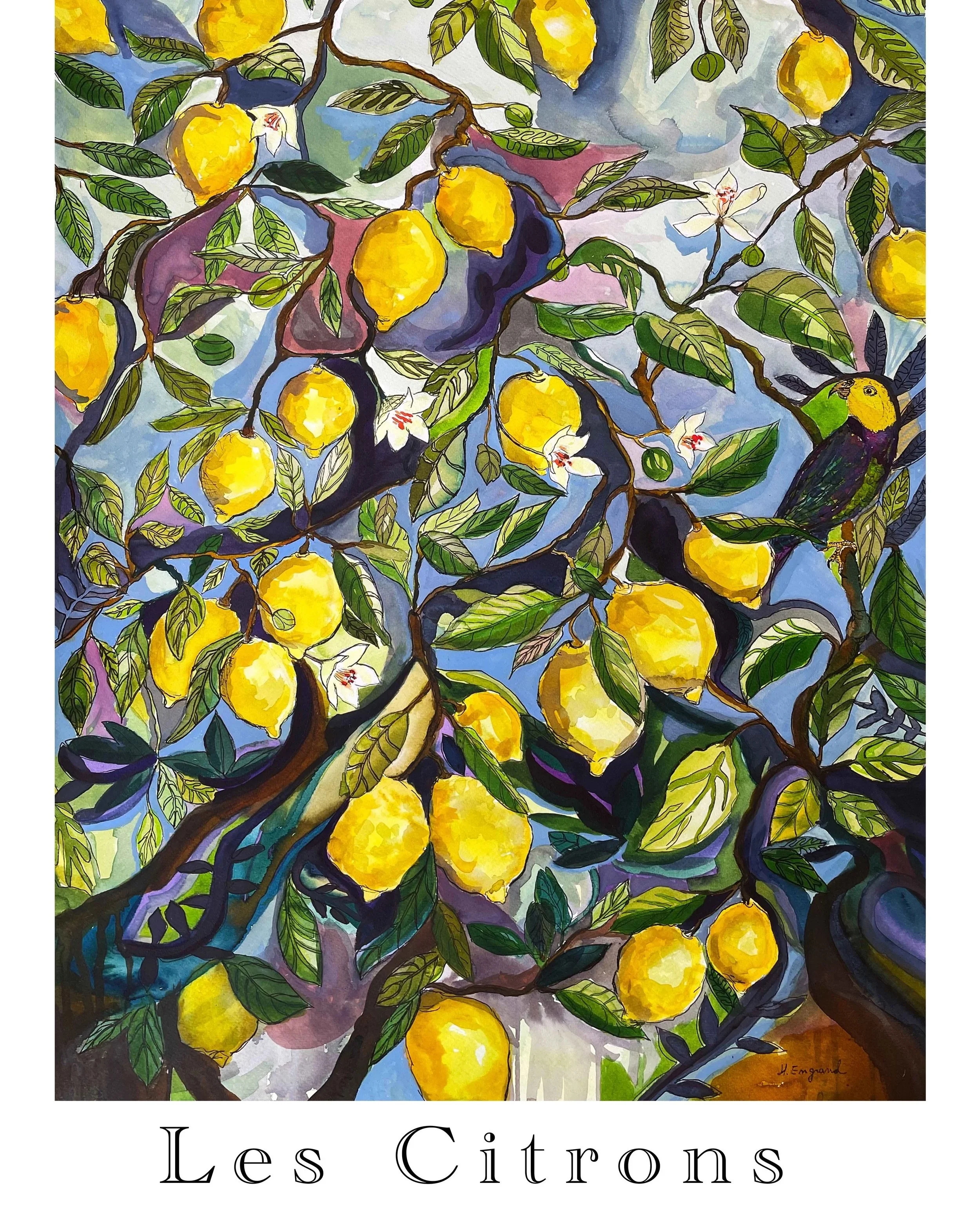 A watercolor painting of a lemon tree with ripe yellow lemons, green leaves, and white flowers against a blue sky background. The painting features dark branches and vibrant colors, with the title "Les Citrons" at the bottom.