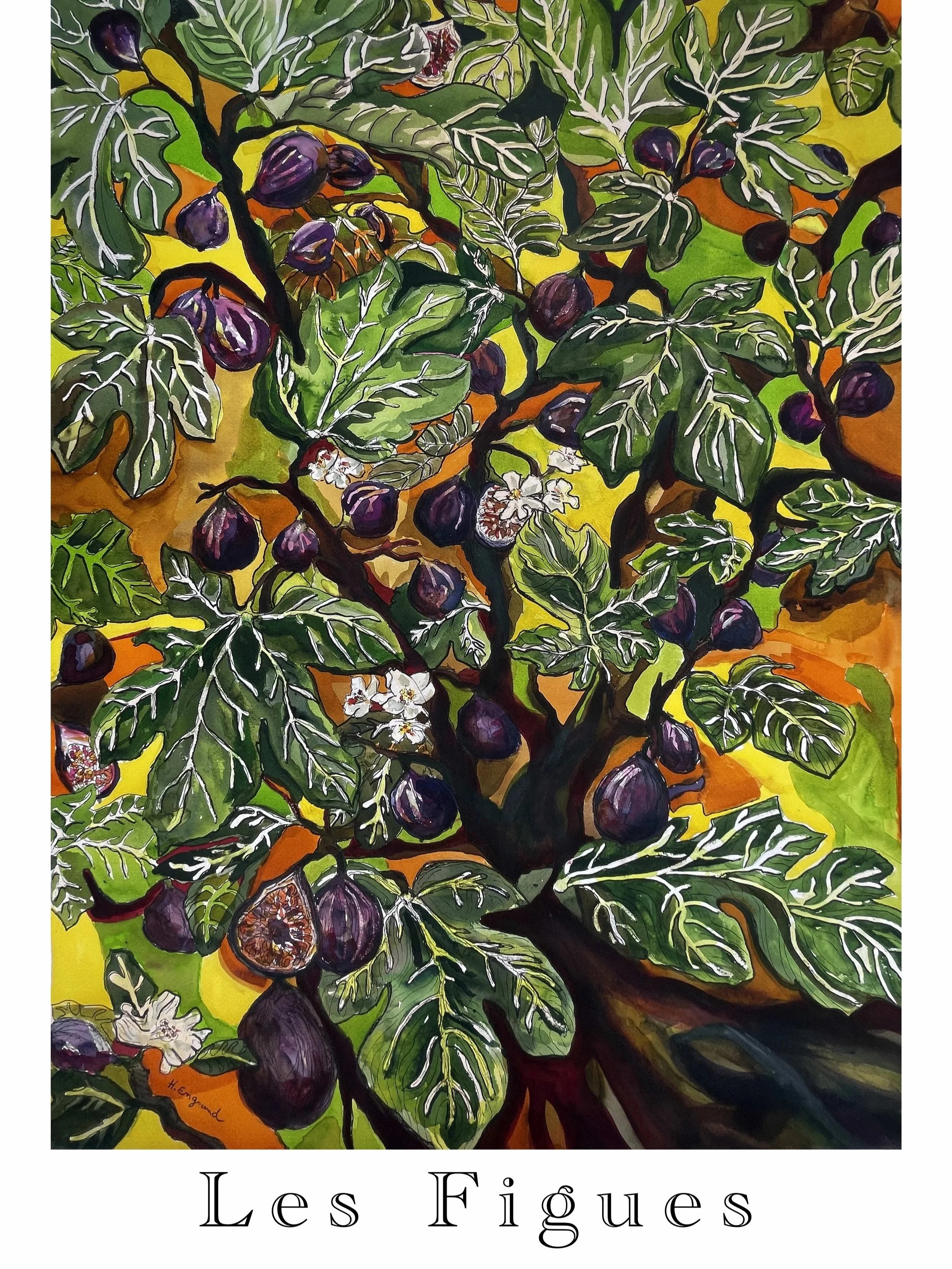 A watercolour painting of a fig tree with figs, green leaves, and white flowers against a yellow and orange background. The painting features dark branches and vibrant colours, with the title "Les Figues" at the bottom.