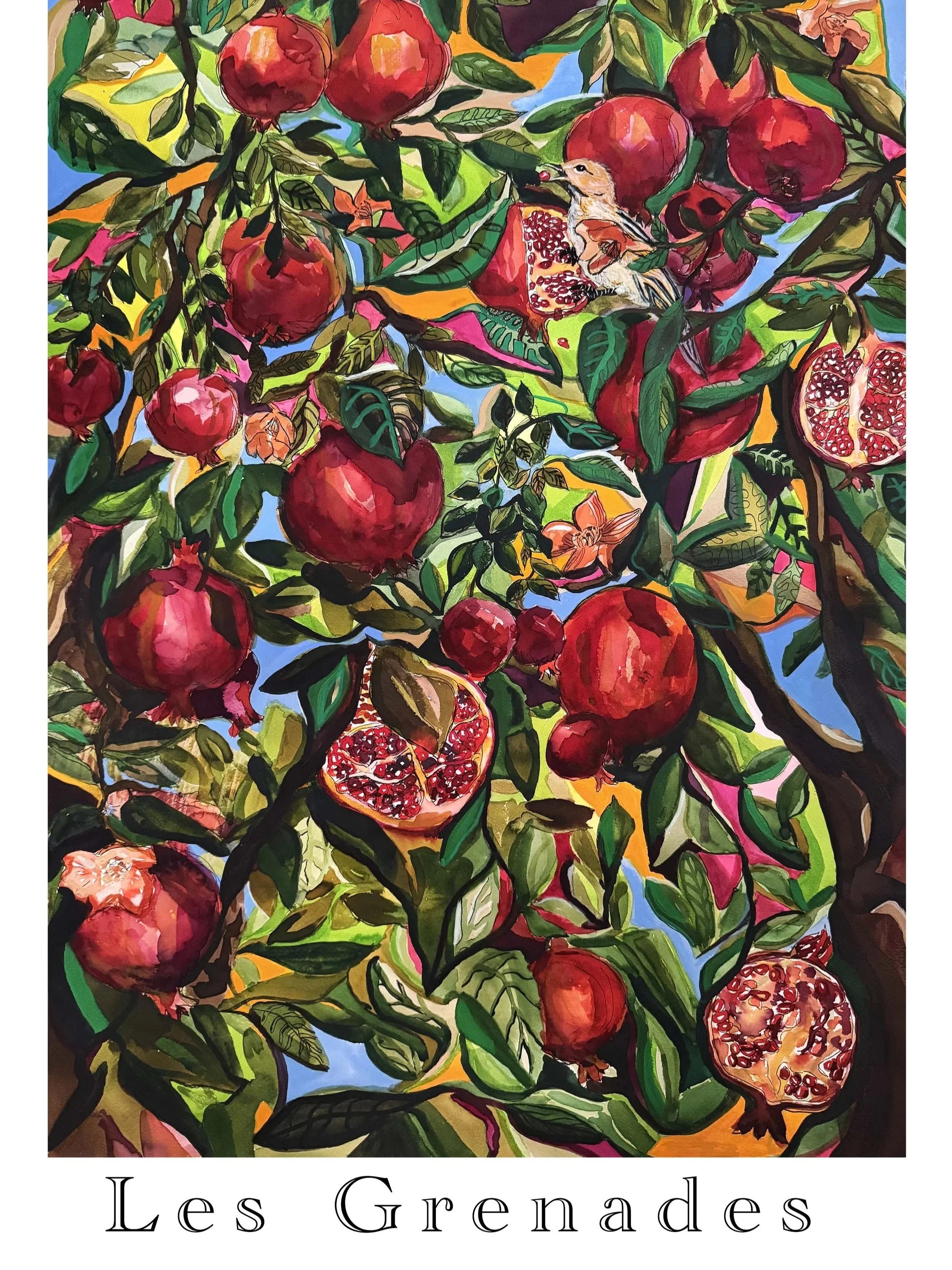 A watercolour painting of a pomegranate tree with ripe red pomegranate, green leaves, and  flowers against a blue sky background. The painting features dark branches and vibrant colors, with the title in French "Les Grenades" at the bottom.