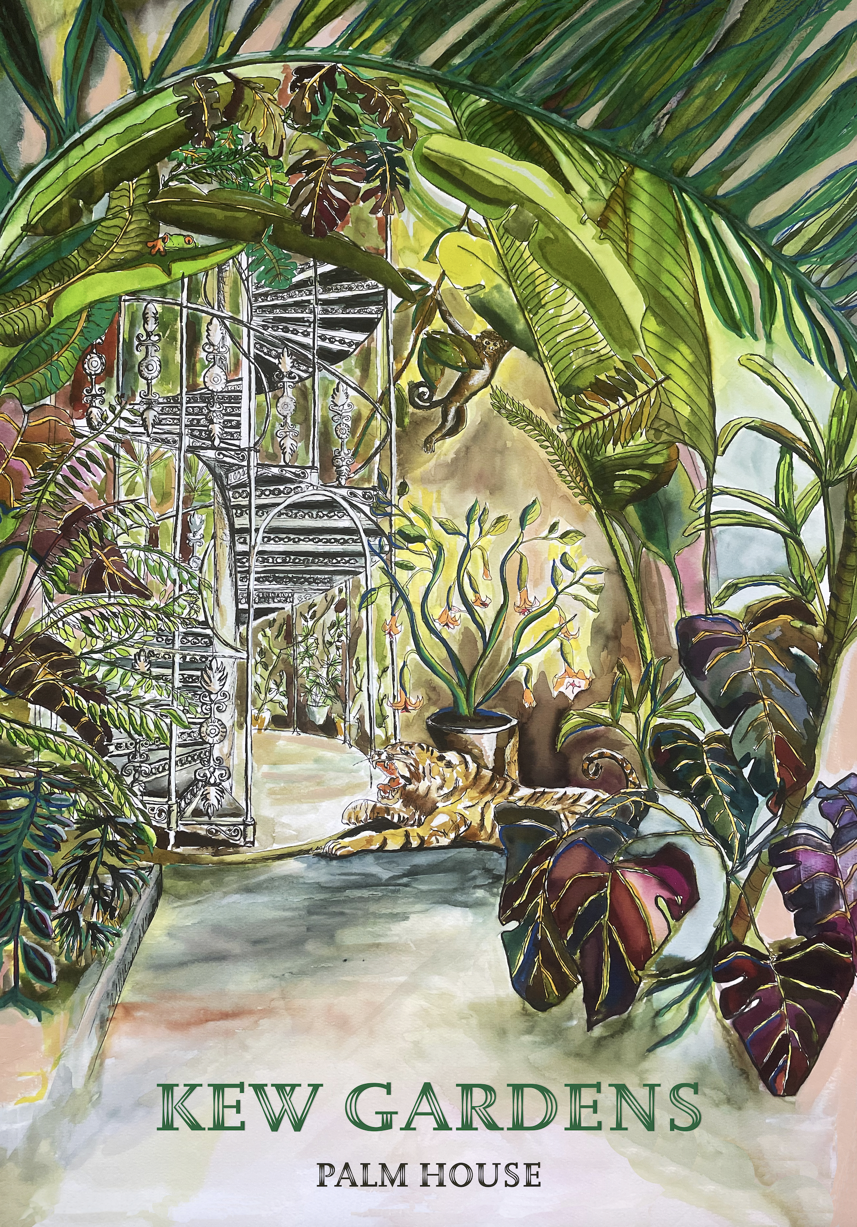 Illustration of a lush tropical garden with large green leaves and plants, with a white ornate iron gate, and a lounging tiger beneath a potted plant. The text reads 'Kew Gardens Palm House' at the bottom.