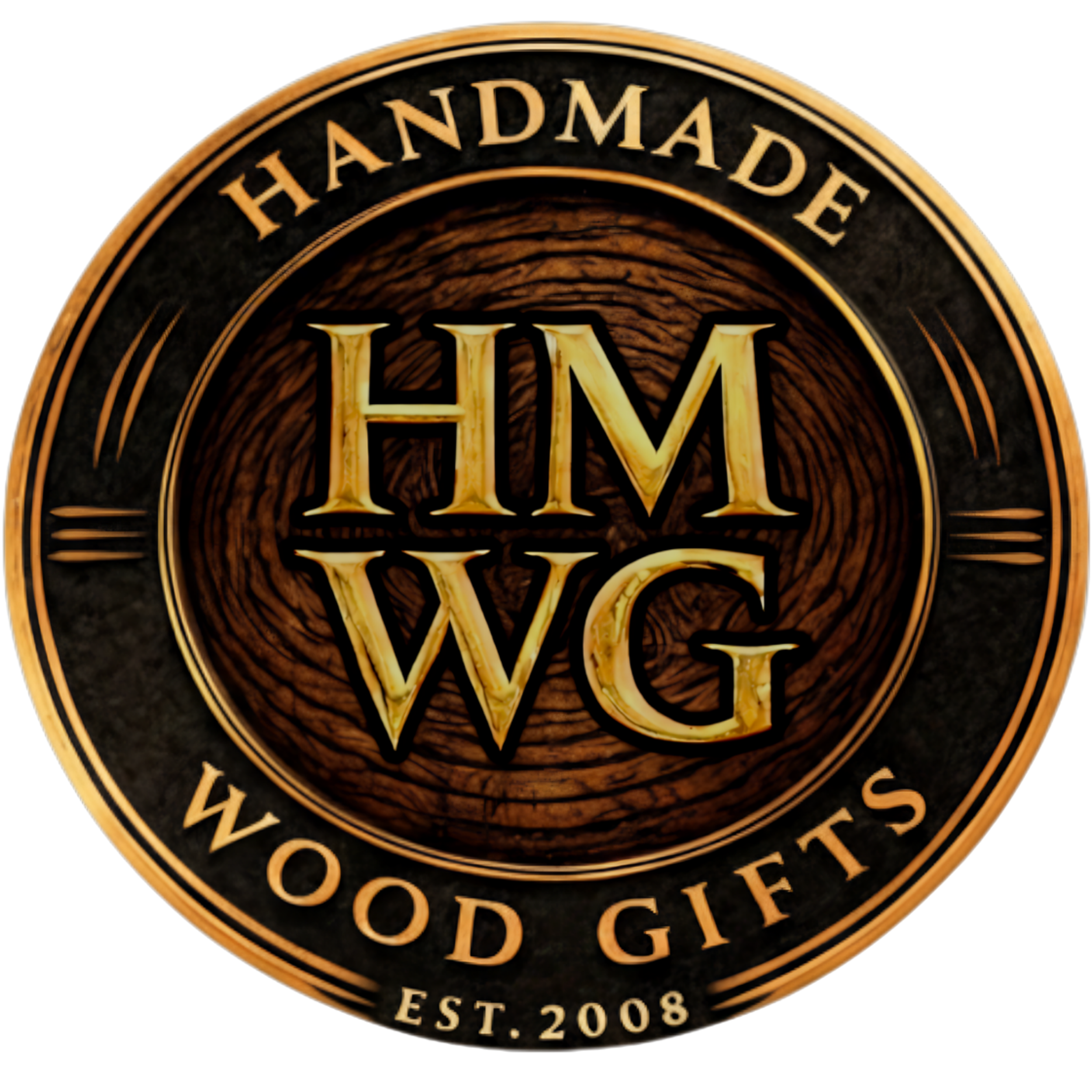 Close-up of a circular emblem with gold and black colors, featuring the text 'HANDMADE' at the top, and part of the words 'HUN' and 'ODG...' visible, along with the text 'EST. 2008' at the bottom.
