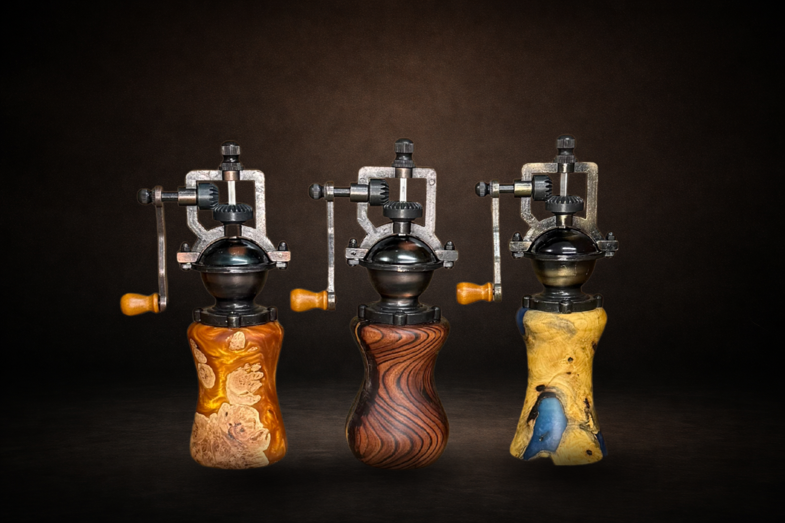 Antique style salt/pepper grinders with epoxy filled wood bases