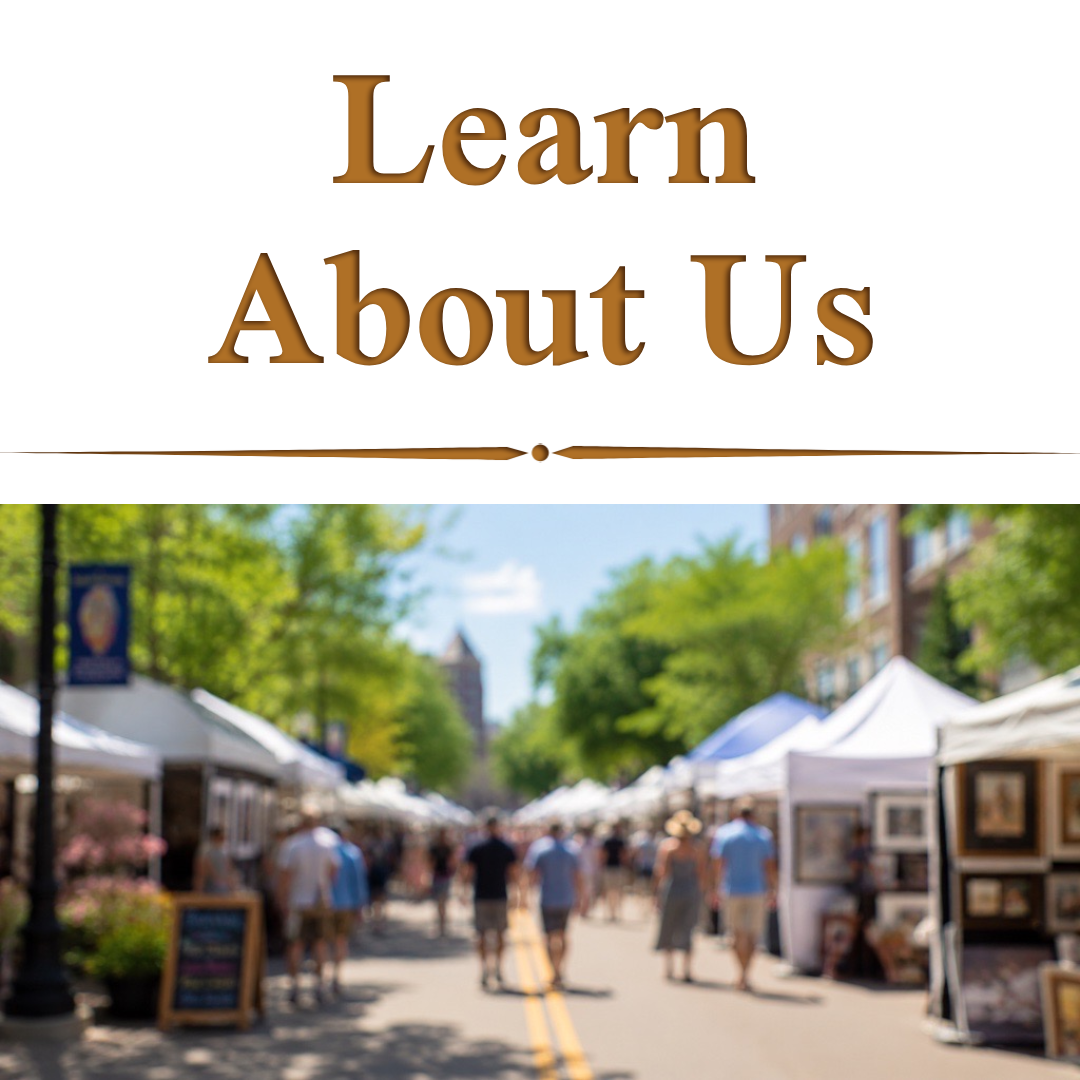 Outdoor art fair with white tents, people walking, and trees on a sunny day.