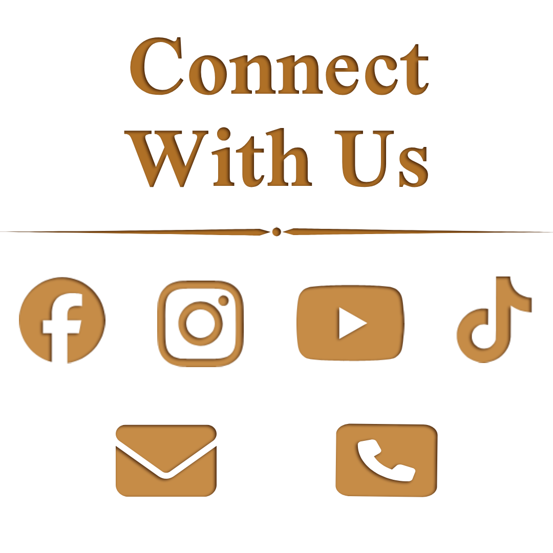 Text in a stylized font reads 'Connect with Us' above icons for Facebook, Instagram, YouTube, TikTok, email, and phone, on a dark background.