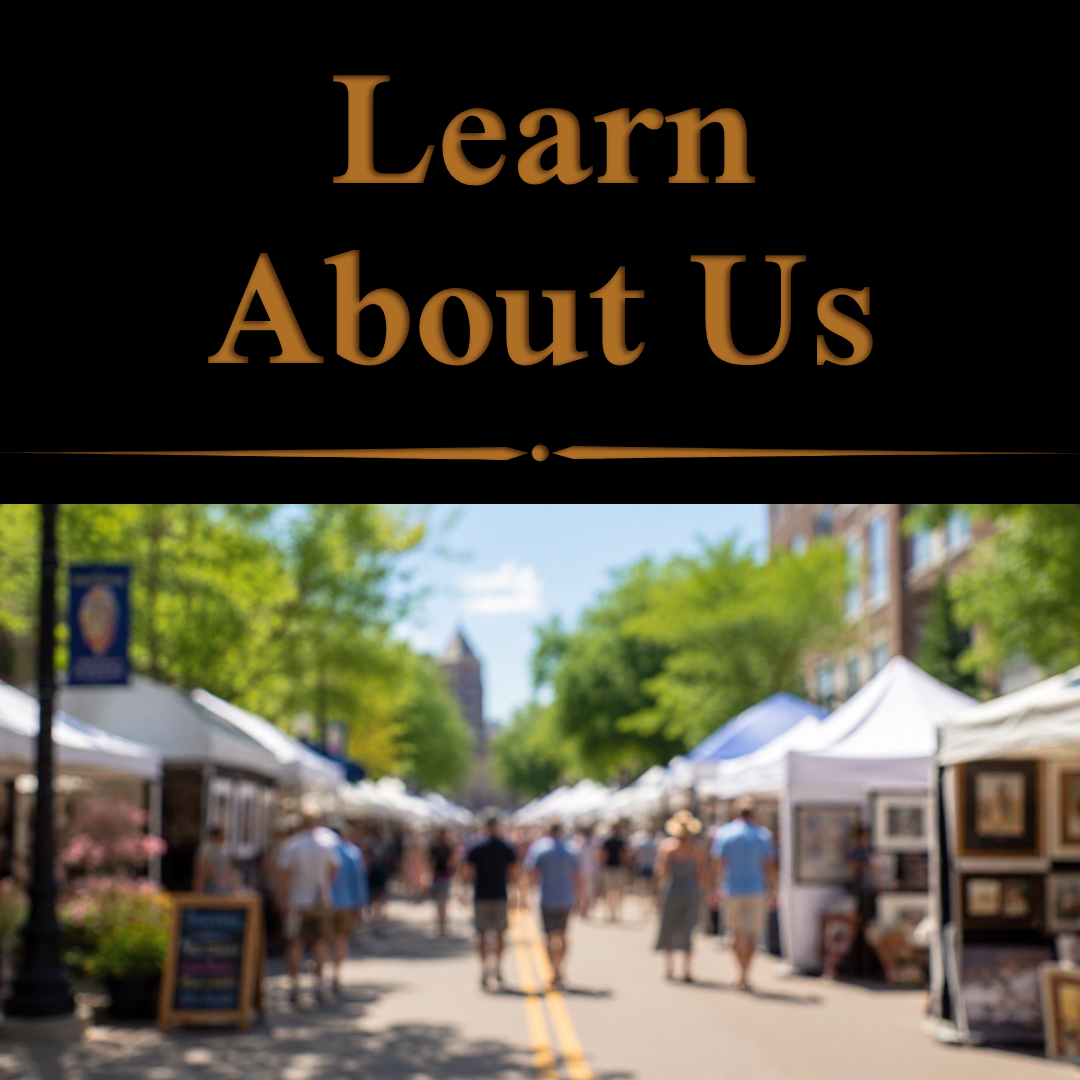 A street market with white tents on both sides, people walking, and trees with green leaves on a sunny day.