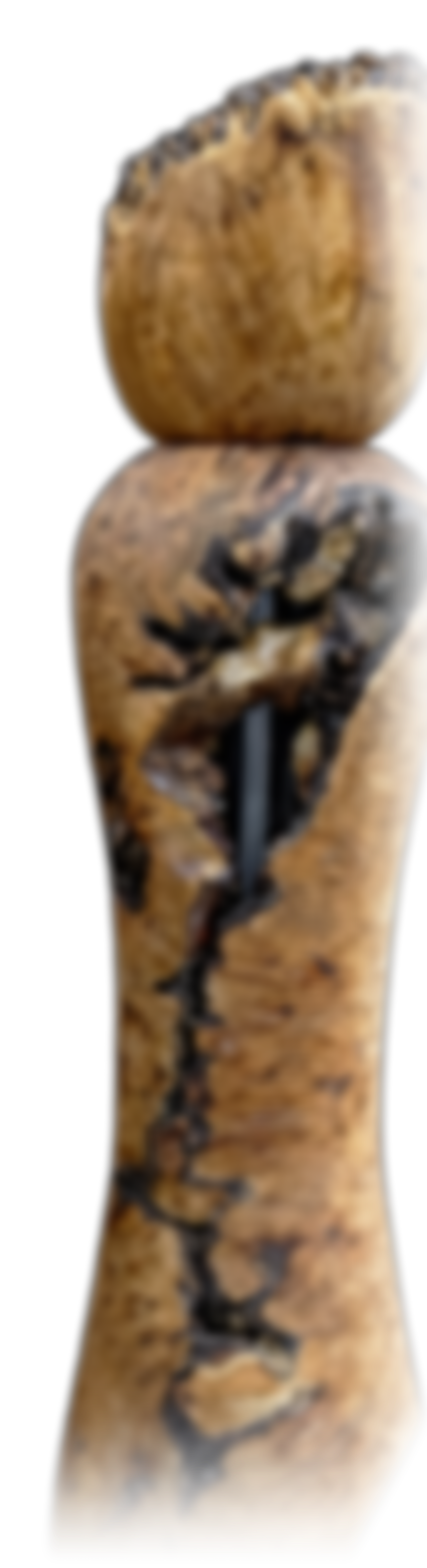 Close-up of a wooden sculpture with dark wood inlays on a black background.