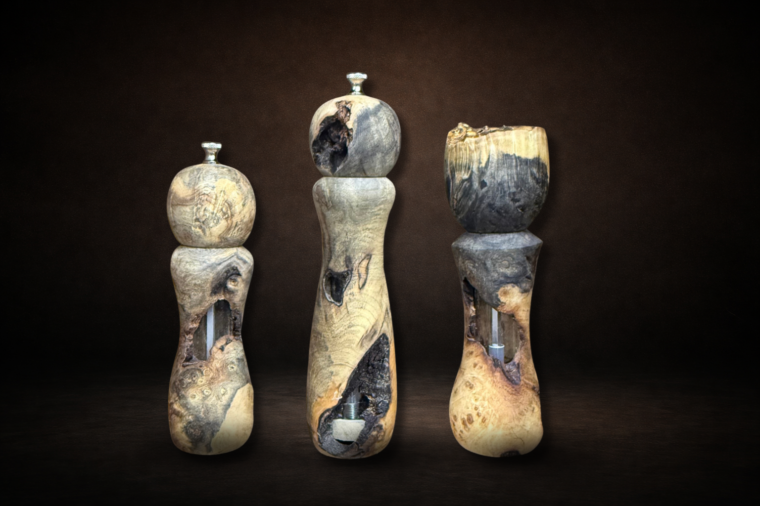 Peppermills made with buckeye burl containing natural voids