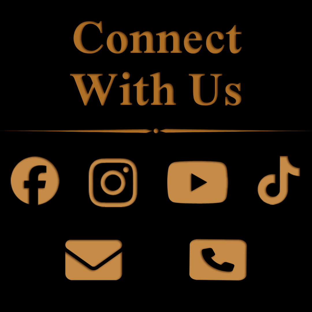 Social media icons and contact options below the text 'Connect With Us' in gold on black background.