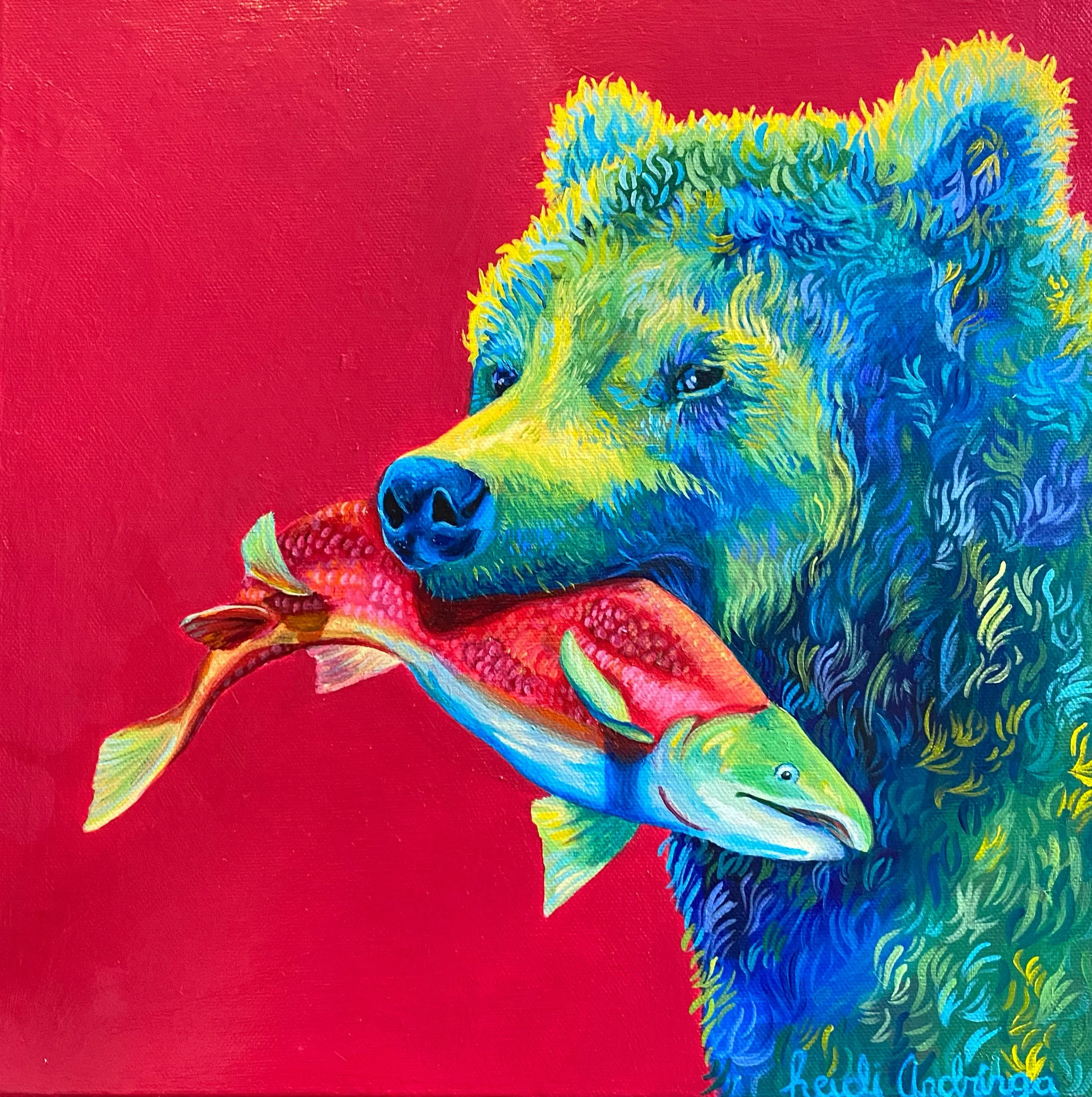 Close-up of a vibrant, colorful painting of a bear's face with intricate details and bright colors, with a colorful red salmon in its mouth, set against a red background.