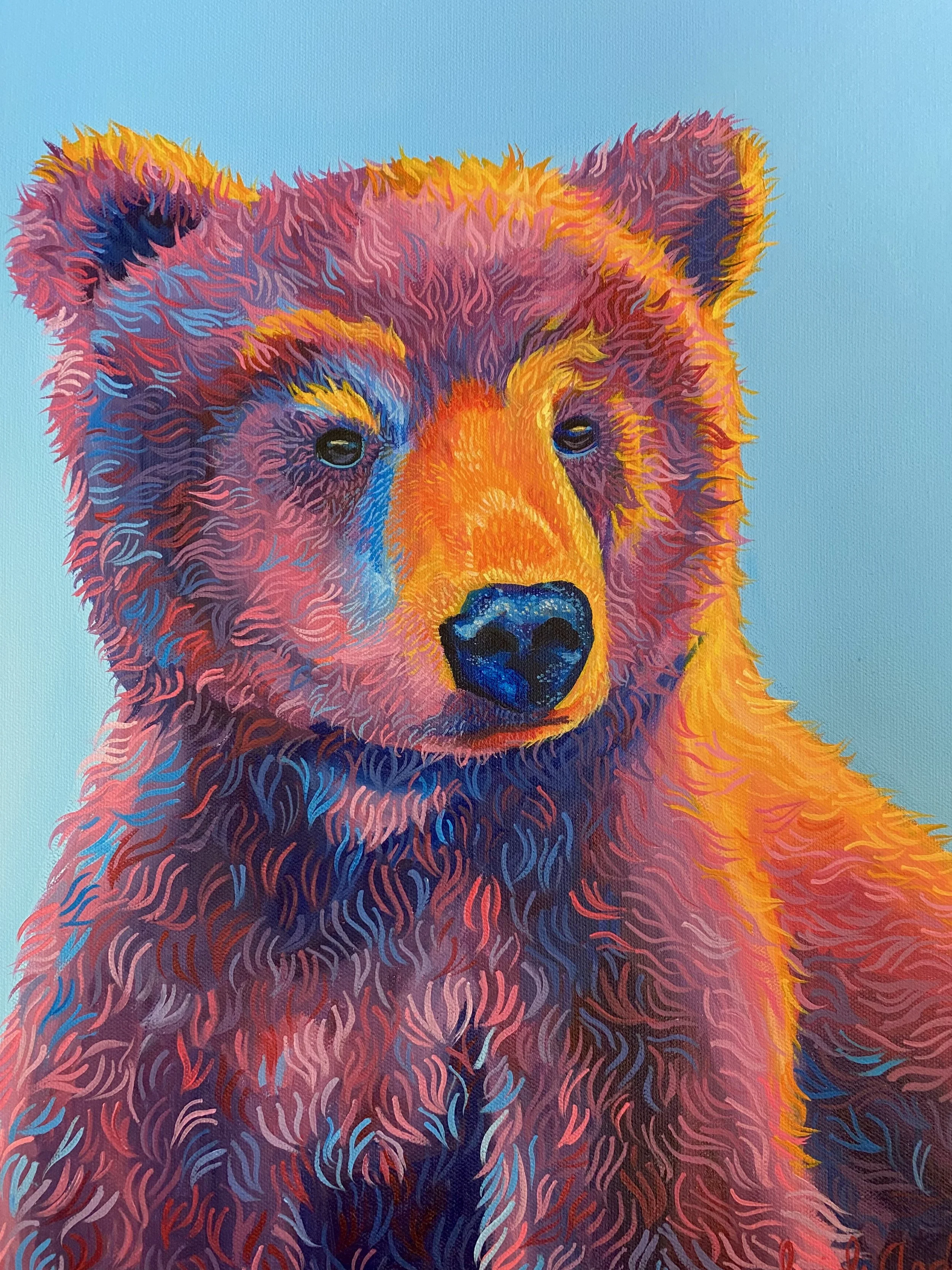 Colorful painting of a bear's face with vivid, swirling brushstrokes in various shades of pink, purple, orange, yellow, and blue against a light blue background.