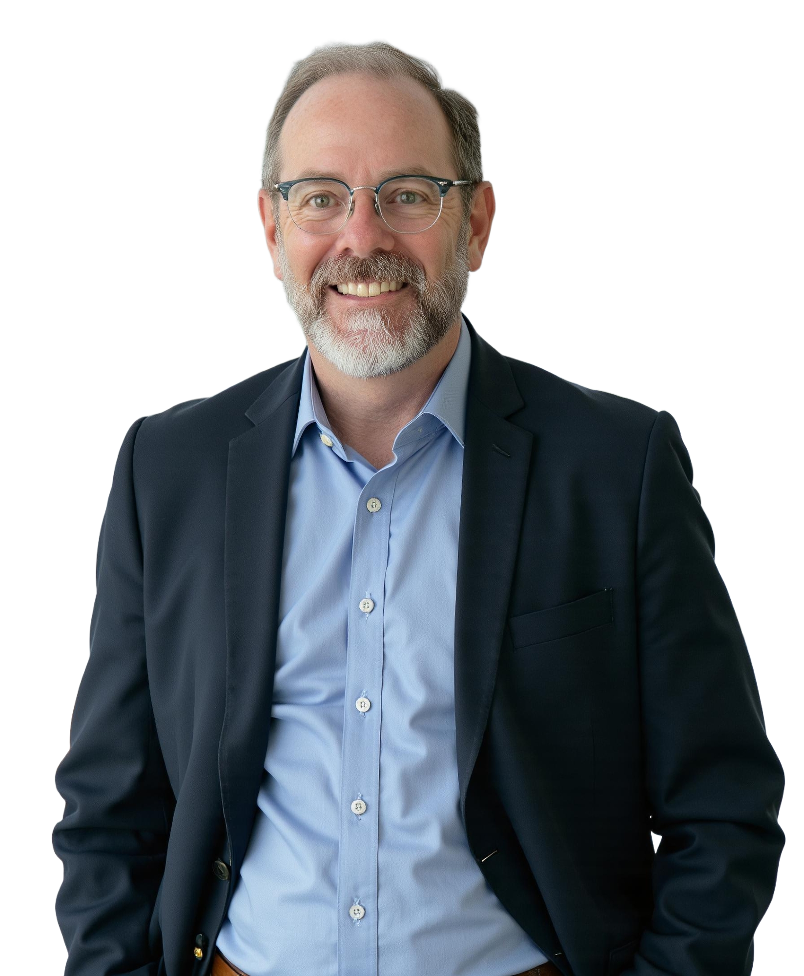 A smiling middle-aged man wearing glasses, a navy blazer, and a light blue dress shirt. He has short, light brown hair, a beard, and a mustache.