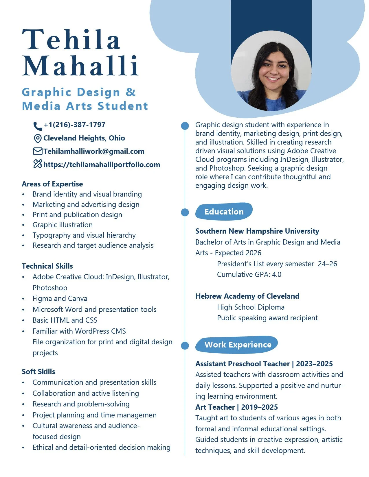 Graphic design resume for Tehila Mahalli featuring her photo, contact info, skills, education, work experience, and areas of expertise.
