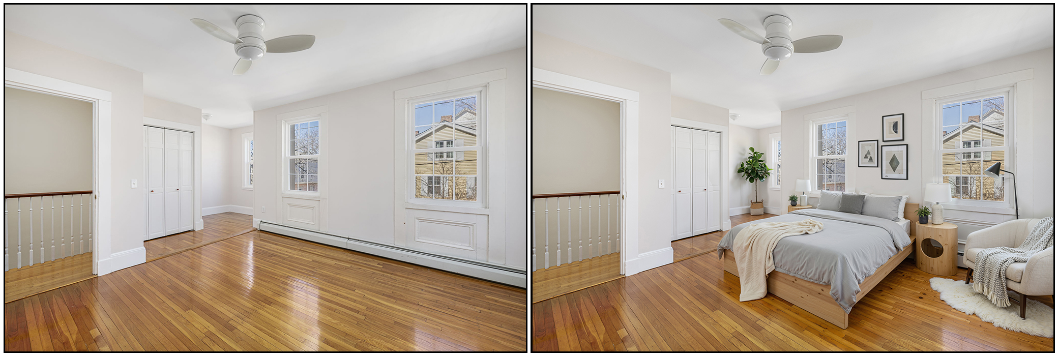 Split-screen image showing a before-and-after view of a bedroom. The left side shows an empty, white-walled room with wooden floors and windows. The right side shows the same room furnished as a bedroom with a bed, side tables with lamps, a plant, wa