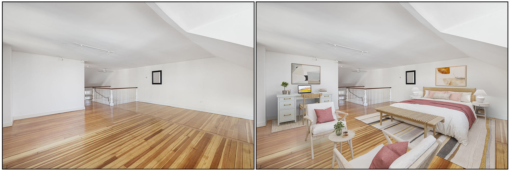 Side-by-side comparison of an empty room and the same room furnished as a bedroom with a bed, nightstands, lamps, and wall art.