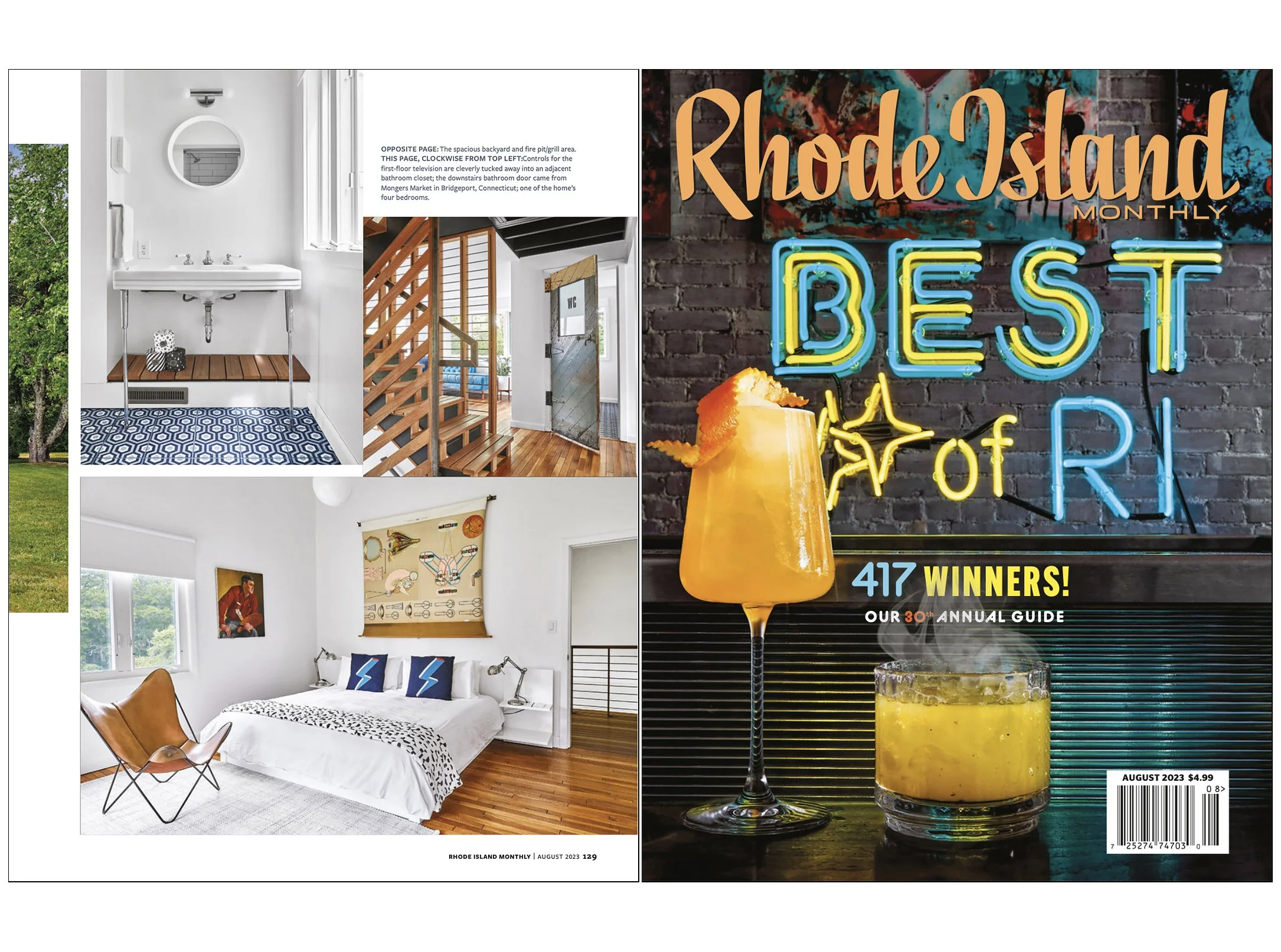 A collage featuring three interior photos of a modern bedroom and bathroom, and a neon sign and drink of orange juice. The bedroom has a white bed with lightning bolt pillows, a leather chair, and framed artwork. The bathroom has a white sink with a 