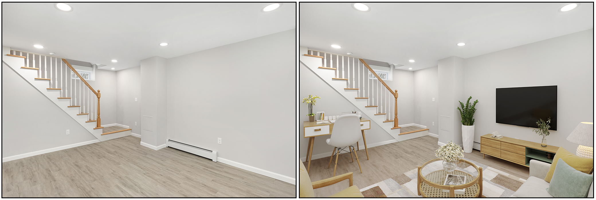 Comparison of an empty living room before and after furniture and decor are added, showing stairs, walls, and flooring.