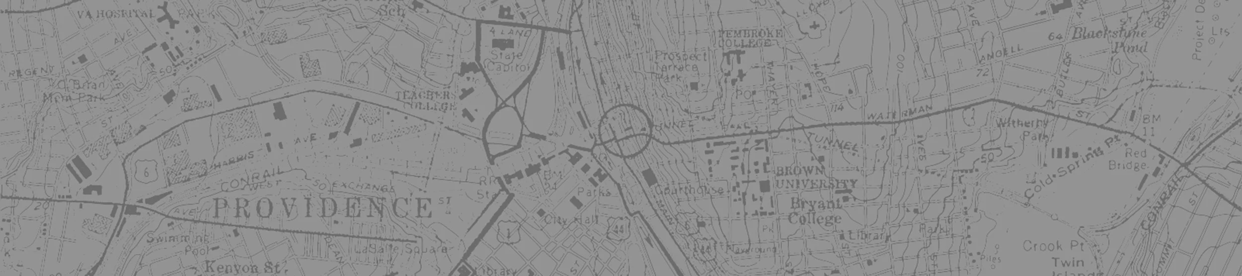 Black and white city map of Providence, RI, Rhode Island,  showing streets, parks, colleges, and landmarks. Real Estate in RI.