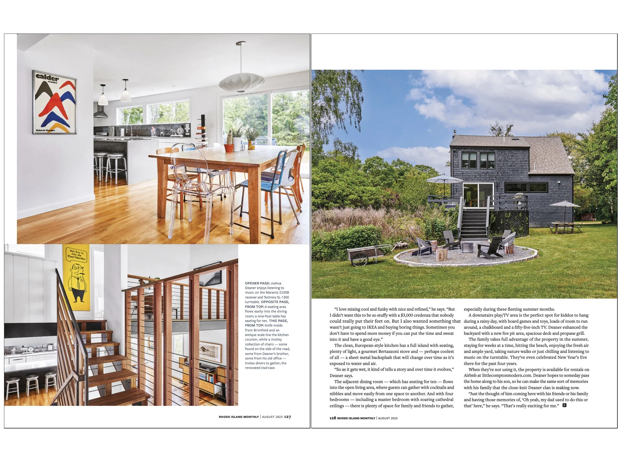 A set of two photographs in a magazine layout. The left photo features a modern, bright kitchen with a wooden dining table, colorful chairs, and large windows overlooking greenery. The right photo shows the exterior of a gray, two-story house with a 