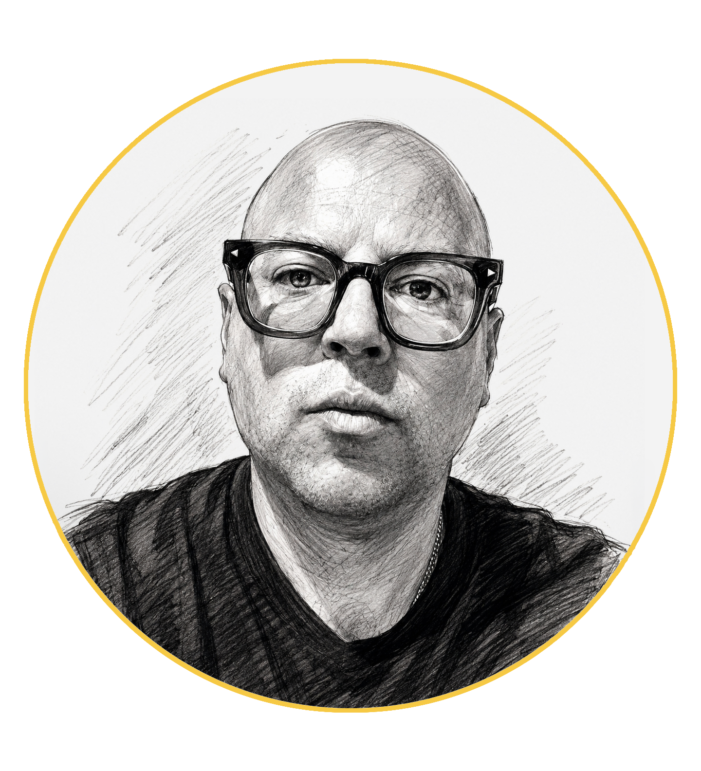 A sketch-style black and white portrait of a bald man wearing glasses and a dark sweater.