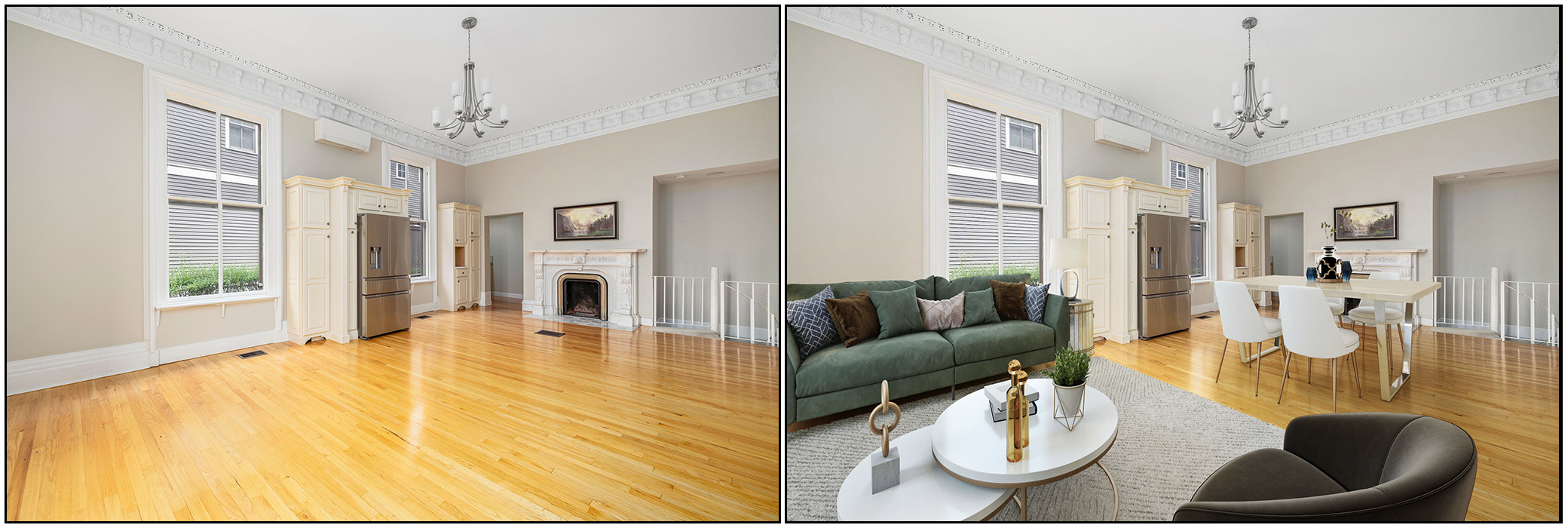 Comparison of an empty living room and a furnished living room with a green sofa, coffee table, dining area, and decorative items.