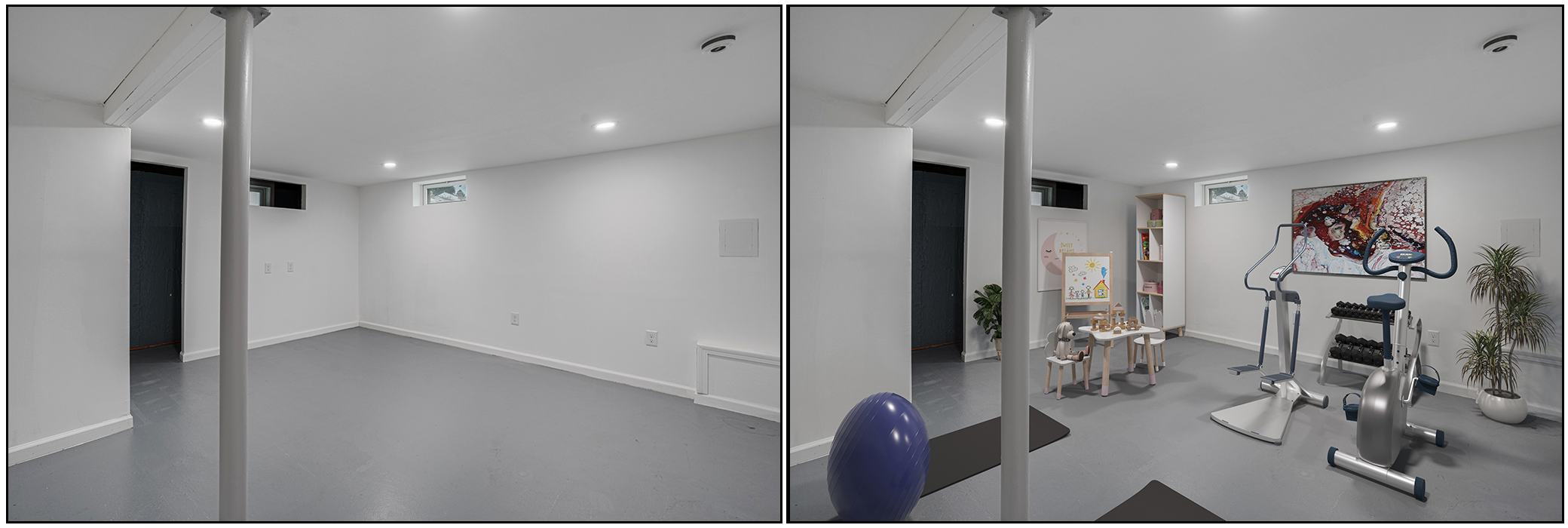 Empty basement room with white walls, gray floor, small windows, and a corner station with children's toys, a bookshelf, exercise equipment, and a large colorful painting.