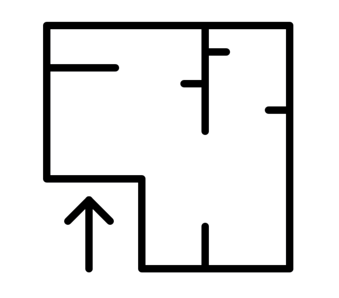 Floor plan of an apartment with an entrance indicated by an arrow, showing rooms with walls and doorways.