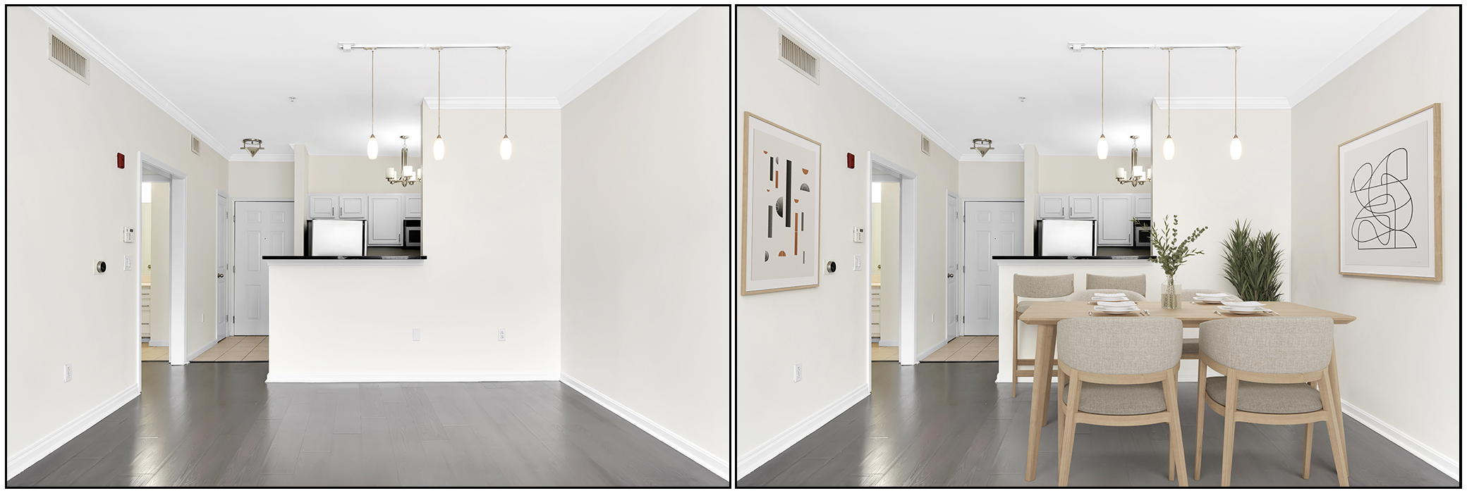 Side-by-side comparison of an empty dining area and the same space furnished with a dining table, chairs, wall art, and plants in a modern home.