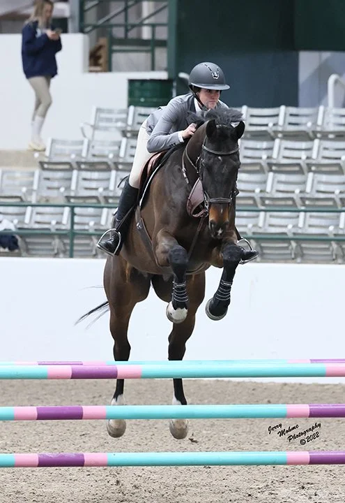 A horse and rider jumping over a colored obstacle in an indoor equestrian arena, with a person standing in the background.