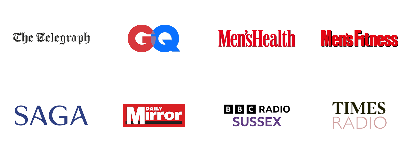 Collage of logos from The Telegraph, GQ, Men's Health, Men's Fitness, Saga, Daily Mirror, BBC Radio Sussex, Times Radio.