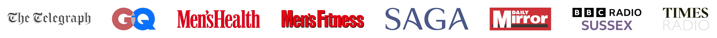 A compilation of logos from various media outlets including The Telegraph, GQ, Men's Health, Men's Fitness, SAGA, Daily Mirror, Sussex, Times Radio, and Radio.